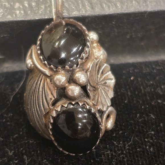 Native American Jewelry - Navajo Sterling Silver Pendant Black Stone Aaron Anderson "AA" 1.25"
